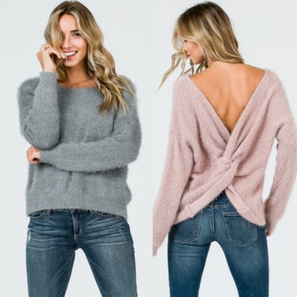 CHARLOTTE Fuzzy Open Back Sweater - GREY - Picture 1 of 2